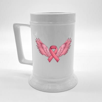 Pink Ribbon Angel Wings Breast Cancer Awareness Month Women Health Care Support Beer Stein