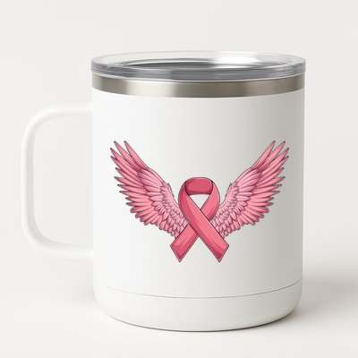 Pink Ribbon Angel Wings Breast Cancer Awareness Month Women Health Care Support 12 oz Stainless Steel Tumbler Cup