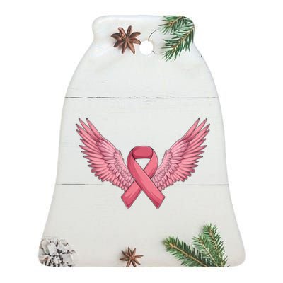 Pink Ribbon Angel Wings Breast Cancer Awareness Month Women Health Care Support Ceramic Bell Ornament