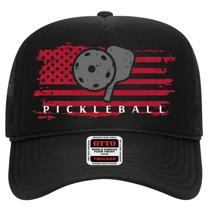 Pickleball Red American Flag Pickle Ball High Crown Mesh Back Trucker Hat