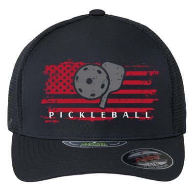 Pickleball Red American Flag Pickle Ball Flexfit Unipanel Trucker Cap