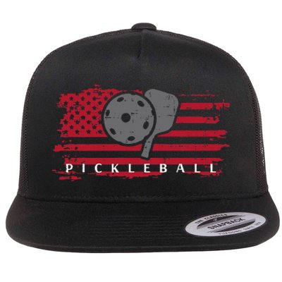 Pickleball Red American Flag Pickle Ball Flat Bill Trucker Hat