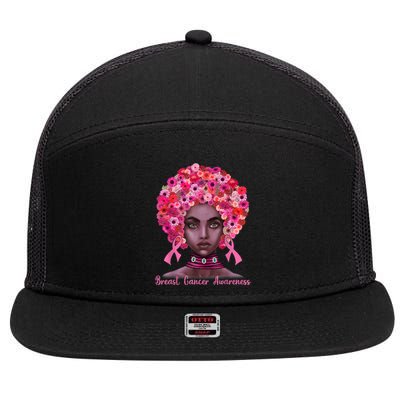 Pink Ribbon Afro Flowers Hair Black Queen Breast Cancer 7 Panel Mesh Trucker Snapback Hat