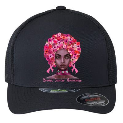 Pink Ribbon Afro Flowers Hair Black Queen Breast Cancer Flexfit Unipanel Trucker Cap