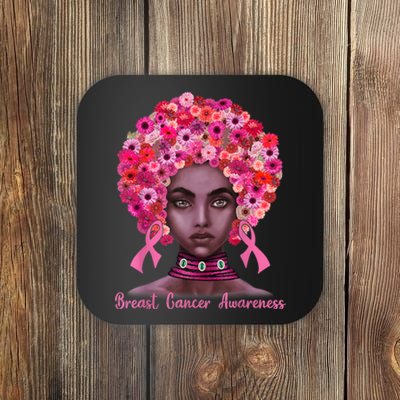 Pink Ribbon Afro Flowers Hair Black Queen Breast Cancer Coaster