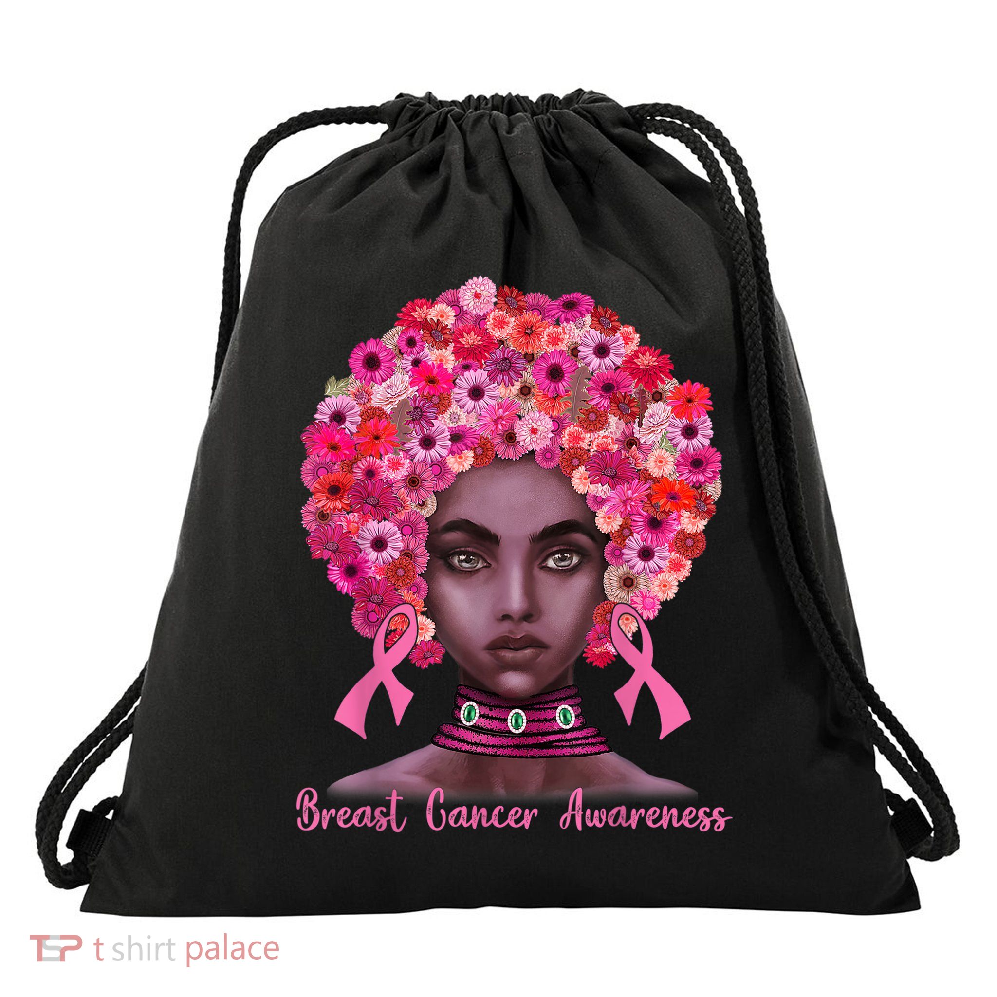 Pink Ribbon Afro Flowers Hair Black Queen Breast Cancer Drawstring Bag