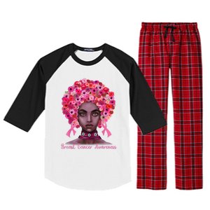 Pink Ribbon Afro Flowers Hair Black Queen Breast Cancer Raglan Sleeve Pajama Set