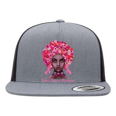 Pink Ribbon Afro Flowers Hair Black Queen Breast Cancer Flat Bill Trucker Hat