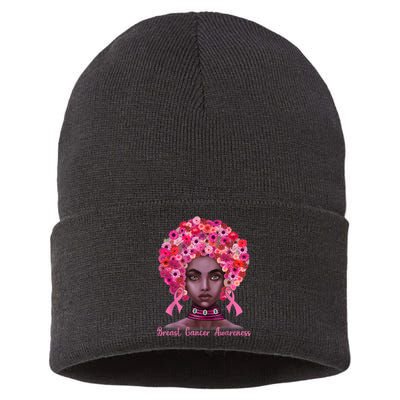 Pink Ribbon Afro Flowers Hair Black Queen Breast Cancer Sustainable Knit Beanie