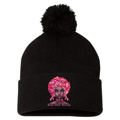 Pink Ribbon Afro Flowers Hair Black Queen Breast Cancer Pom Pom 12in Knit Beanie