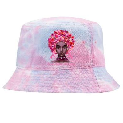 Pink Ribbon Afro Flowers Hair Black Queen Breast Cancer Tie-Dyed Bucket Hat