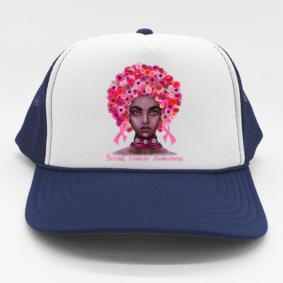 Pink Ribbon Afro Flowers Hair Black Queen Breast Cancer Trucker Hat