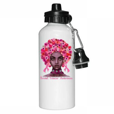 Pink Ribbon Afro Flowers Hair Black Queen Breast Cancer Aluminum Water Bottle