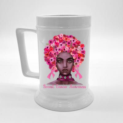 Pink Ribbon Afro Flowers Hair Black Queen Breast Cancer Beer Stein