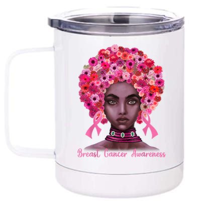 Pink Ribbon Afro Flowers Hair Black Queen Breast Cancer 12 oz Stainless Steel Tumbler Cup