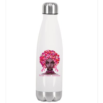 Pink Ribbon Afro Flowers Hair Black Queen Breast Cancer Stainless Steel Insulated Water Bottle