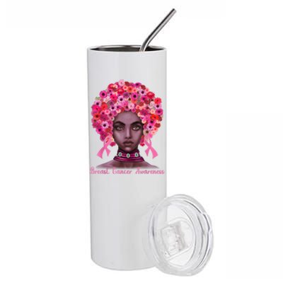 Pink Ribbon Afro Flowers Hair Black Queen Breast Cancer Stainless Steel Tumbler