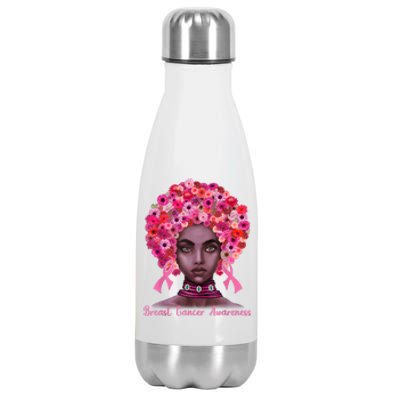 Pink Ribbon Afro Flowers Hair Black Queen Breast Cancer Stainless Steel Insulated Water Bottle