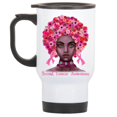 Pink Ribbon Afro Flowers Hair Black Queen Breast Cancer Stainless Steel Travel Mug