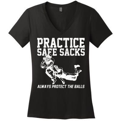 Practice Safe Sacks Funny Football Women's V-Neck T-Shirt