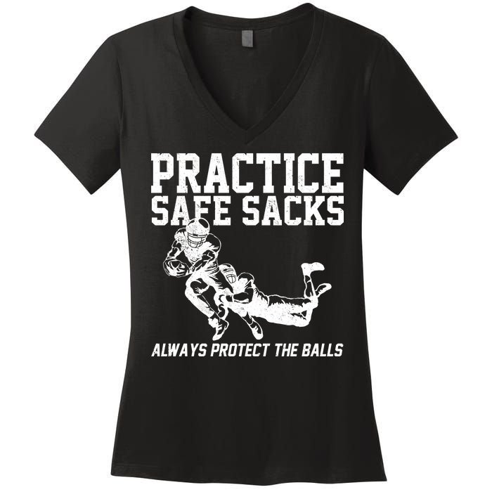 Practice Safe Sacks Funny Football Women's V-Neck T-Shirt