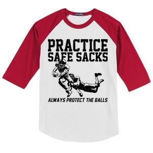 Practice Safe Sacks Funny Football Kids Colorblock Raglan Jersey