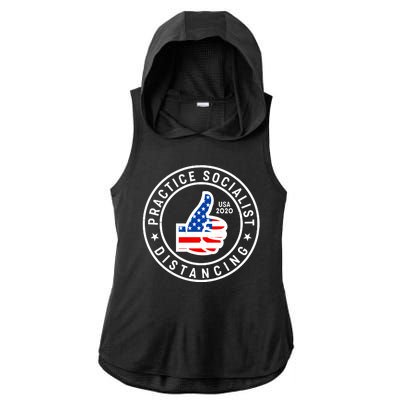 Practice Socialist Distancing Emblem USA Flag Thumbs Up  Ladies PosiCharge Tri-Blend Wicking Draft Hoodie Tank