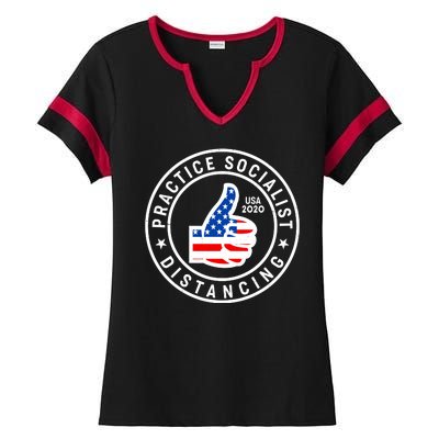 Practice Socialist Distancing Emblem USA Flag Thumbs Up  Ladies Halftime Notch Neck Tee