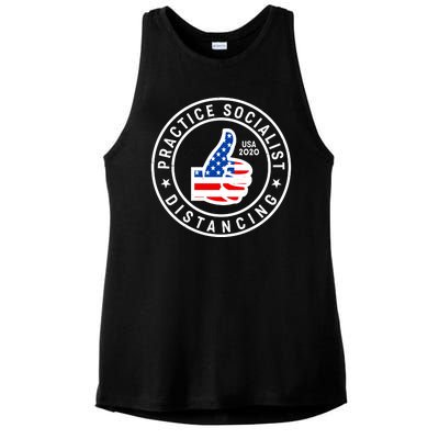 Practice Socialist Distancing Emblem USA Flag Thumbs Up  Ladies PosiCharge Tri-Blend Wicking Tank