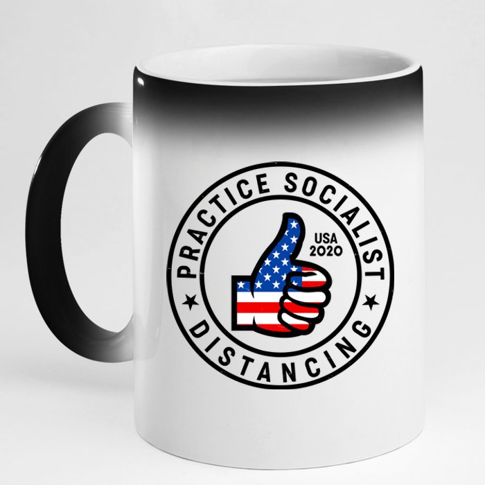 Practice Socialist Distancing Emblem USA Flag Thumbs Up  11oz Black Color Changing Mug