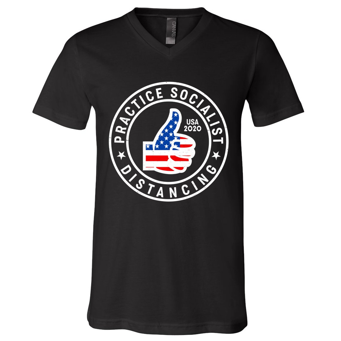Practice Socialist Distancing Emblem USA Flag Thumbs Up  V-Neck T-Shirt