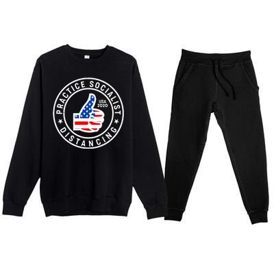 Practice Socialist Distancing Emblem USA Flag Thumbs Up  Premium Crewneck Sweatsuit Set