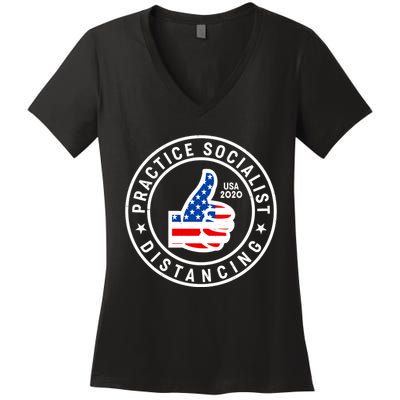 Practice Socialist Distancing Emblem USA Flag Thumbs Up  Women's V-Neck T-Shirt