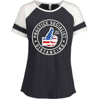 Practice Socialist Distancing Emblem USA Flag Thumbs Up  Enza Ladies Jersey Colorblock Tee