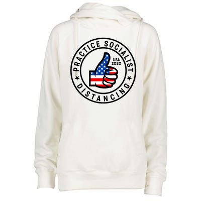 Practice Socialist Distancing Emblem USA Flag Thumbs Up  Womens Funnel Neck Pullover Hood