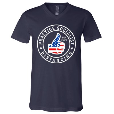 Practice Socialist Distancing Emblem USA Flag Thumbs Up  V-Neck T-Shirt