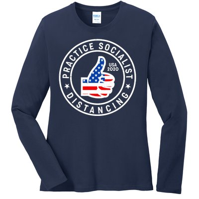 Practice Socialist Distancing Emblem USA Flag Thumbs Up  Ladies Long Sleeve Shirt