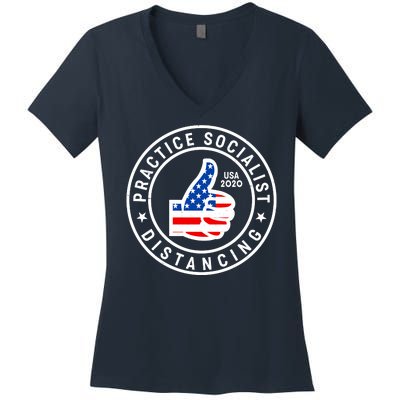 Practice Socialist Distancing Emblem USA Flag Thumbs Up  Women's V-Neck T-Shirt