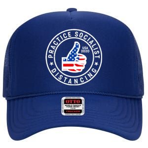 Practice Socialist Distancing Emblem USA Flag Thumbs Up  High Crown Mesh Back Trucker Hat