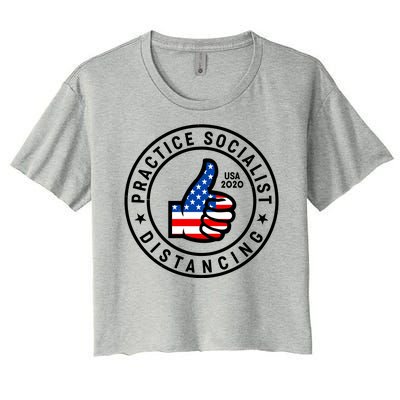 Practice Socialist Distancing Emblem USA Flag Thumbs Up  Women's Crop Top Tee