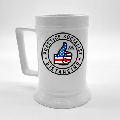 Practice Socialist Distancing Emblem USA Flag Thumbs Up  Beer Stein