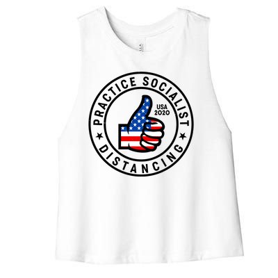 Practice Socialist Distancing Emblem USA Flag Thumbs Up  Women's Racerback Cropped Tank