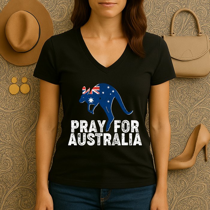 Pray for Australia Kangaroo Australian Flag Women's V-Neck T-Shirt