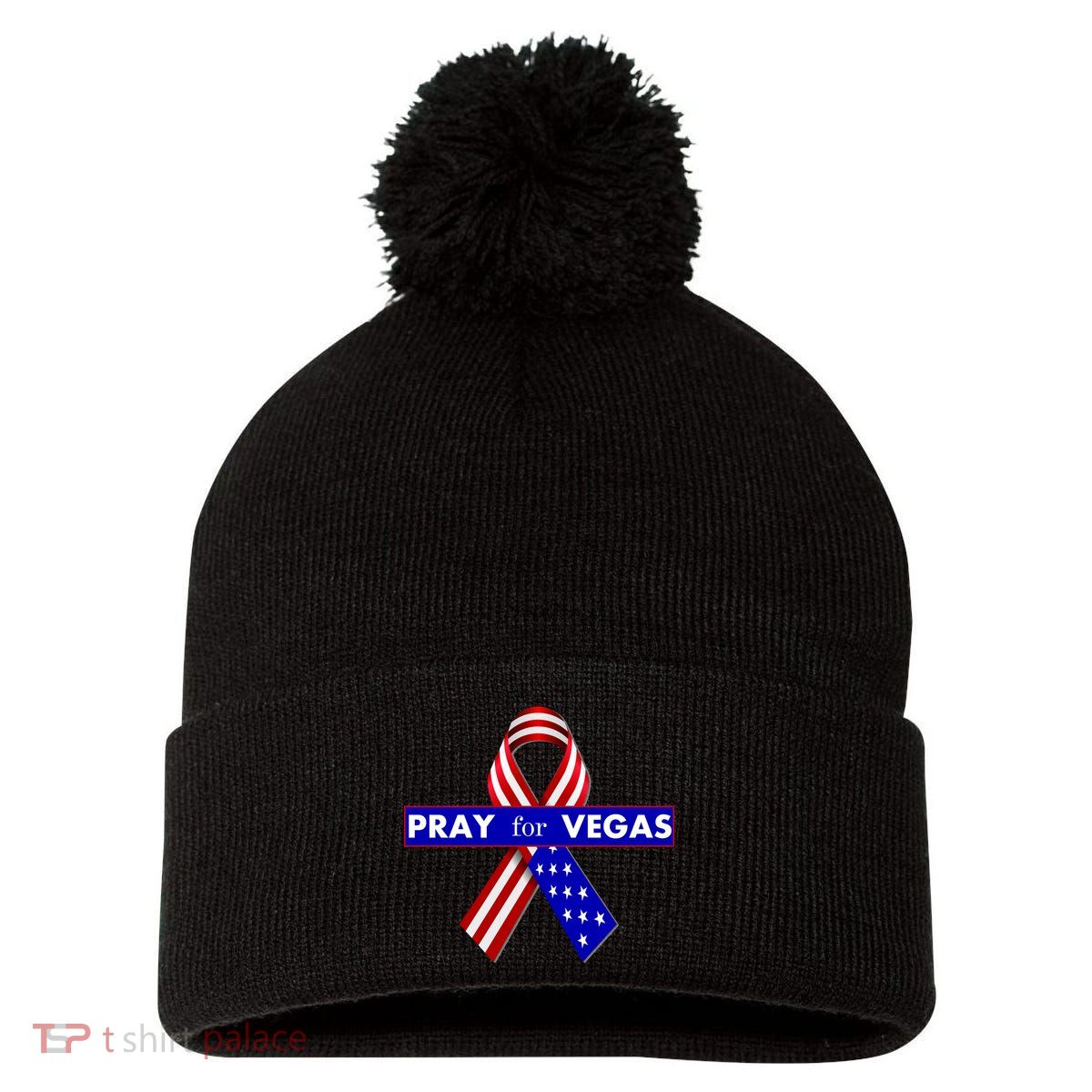 Pray For Vegas USA Flag Ribbon Pom Pom 12in Knit Beanie