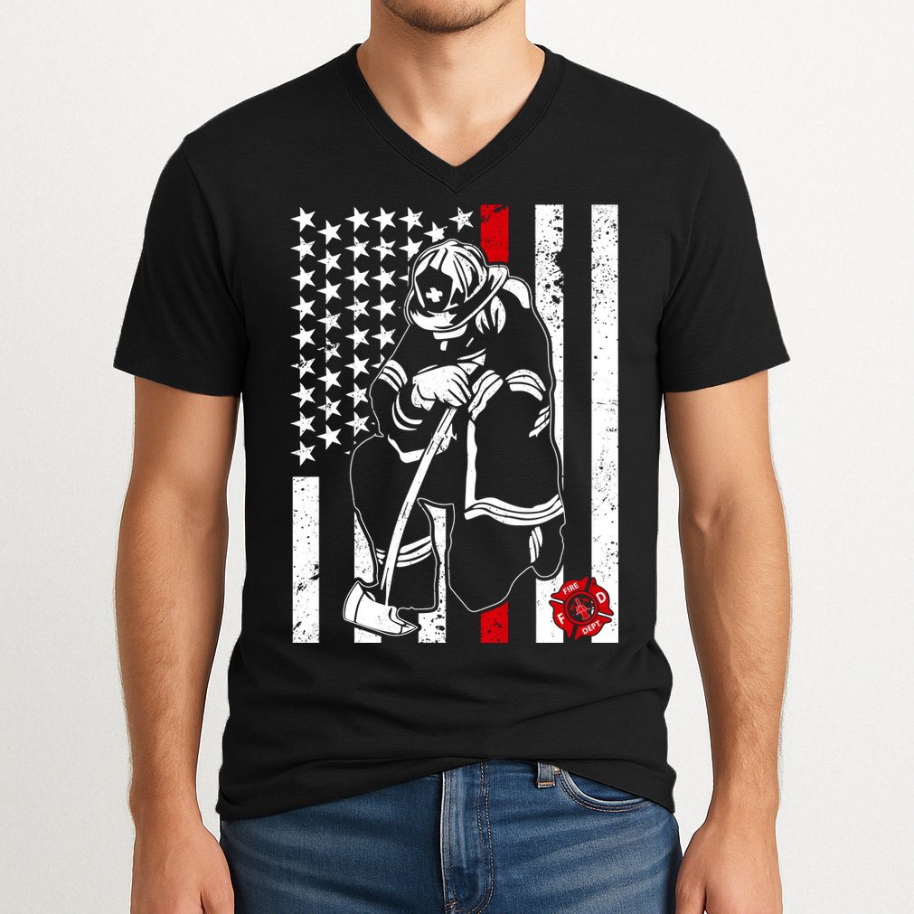 Praying Firefighter Thin Red Line V-Neck T-Shirt