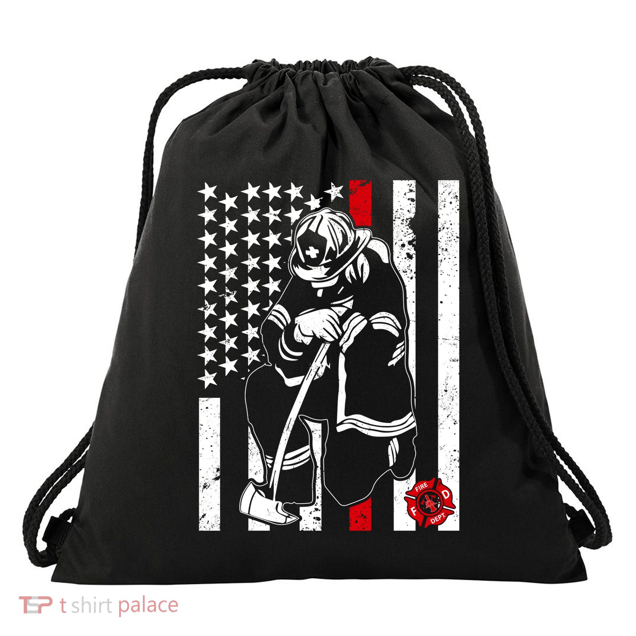 Praying Firefighter Thin Red Line Drawstring Bag