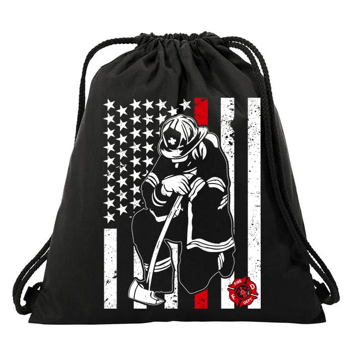 Praying Firefighter Thin Red Line Drawstring Bag