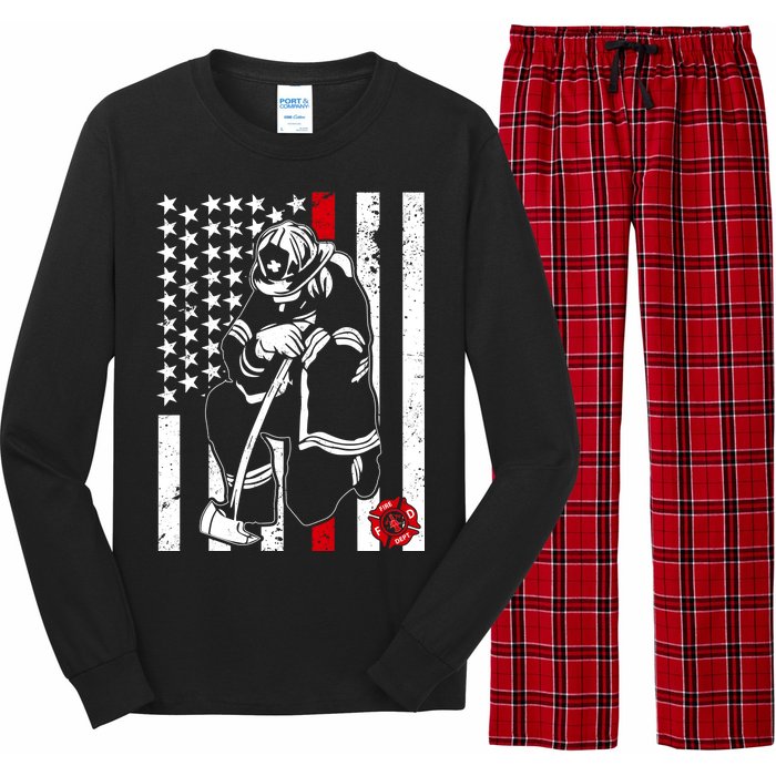 Praying Firefighter Thin Red Line Long Sleeve Pajama Set