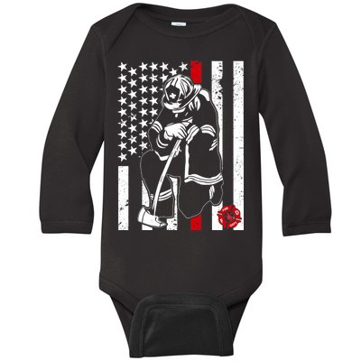 Praying Firefighter Thin Red Line Baby Long Sleeve Bodysuit