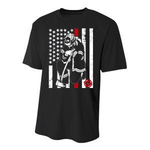 Praying Firefighter Thin Red Line Youth Performance Sprint T-Shirt